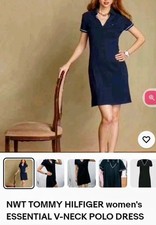 Tommy Hilfiger Women's Navy V-Neck Polo T-Shirt Dress Logo Trim M Knee
