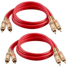 3 Foot Dual RCA Male Audio Patch Cables - 2 Pack Red, 24k Gold Plated - Connect