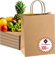 57 Lb Large Kraft Paper Grocery Bags with Handles - 50 With Handles, Brown 