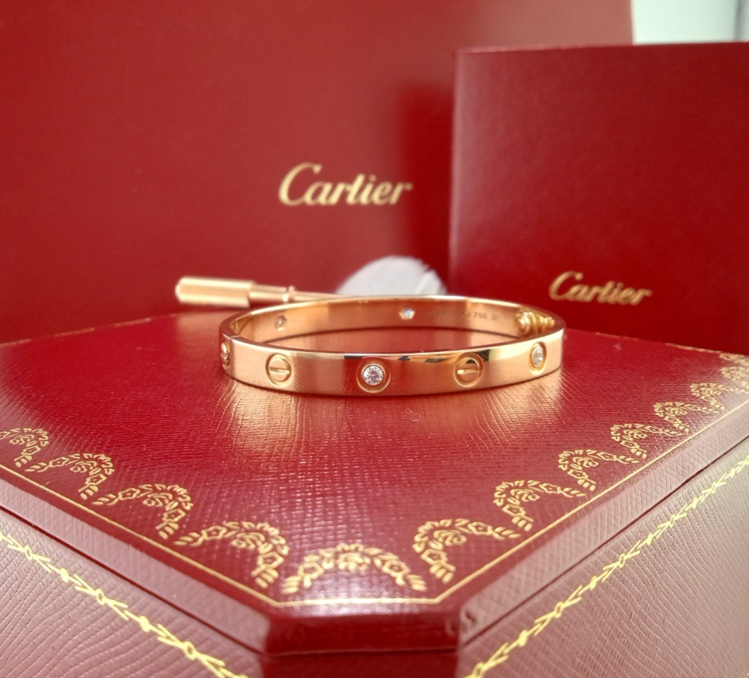 CARTIER LOVE BRACELET 4 DIAMOND 18K RG NEW VERSION SIZE 17 W