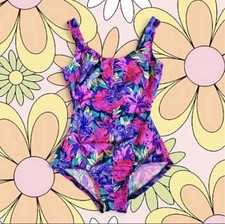 Vintage 90s Yellow One-Piece Neon Purple Pink Floral Bikini with Low Back Cut M