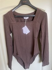 MANGOPOP Women s Brown Long Sleeve Square Neck Bodysuit Solid Size L