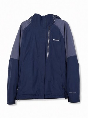 Columbia Men's Omni-Tech Navy Gray Hooded Mid-Length Jacket Zipper Logo XL