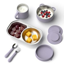 Blue Stainless Steel Baby Suction Plates Bowls Cup Set Feeding Utensils