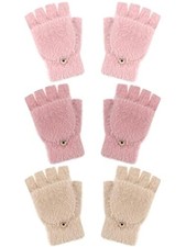 Geyoga 3 Pairs Kids Fingerless Gloves Winter Flip 5-10 Years Beige, Pink, Red