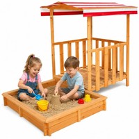 Sandkasten Spielhaus Sandbox + Spielveranda Sandkiste Holz Mit Dach Deckel Neu