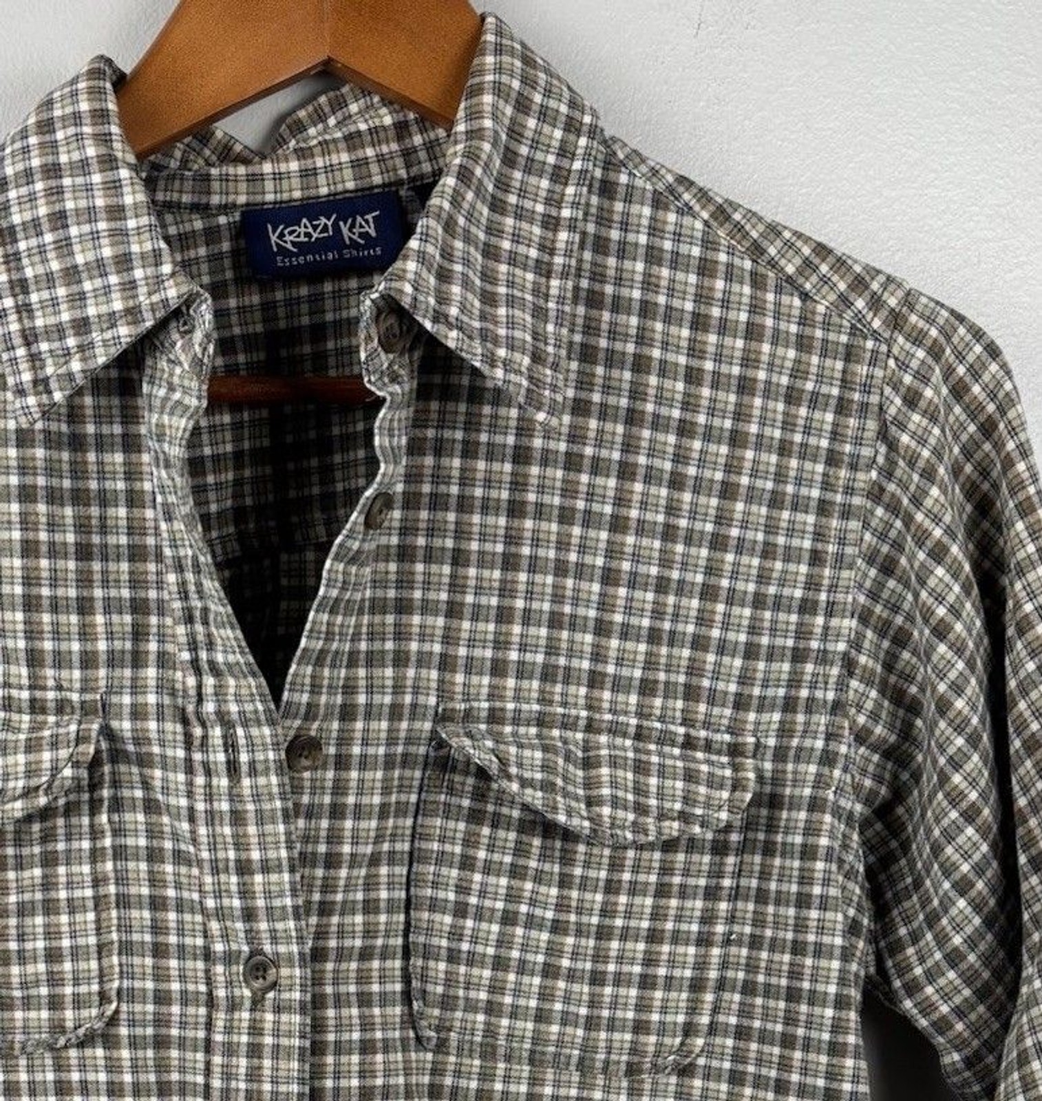 Krazy Kat 90s Women’s Brown Plaid Cotton Long Sleeve Shirt Button Down Sz Medium