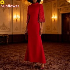 Elegant Red Mermaid Prom Dresses High Neck 3/4 Sleeves Satin Pearls Evening Gown