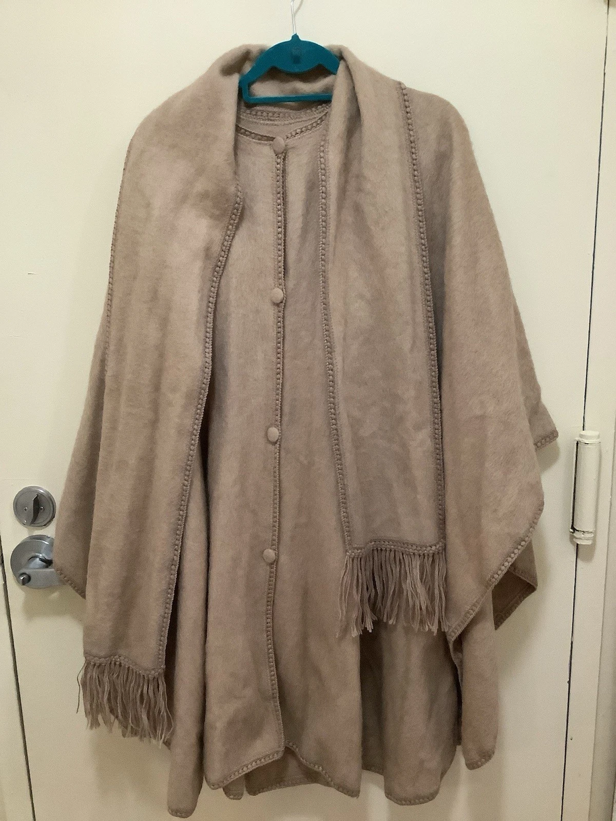 Estripe Inca Alpaca Poncho Cape with Attached Scarf - Made in Peru Tan Beige