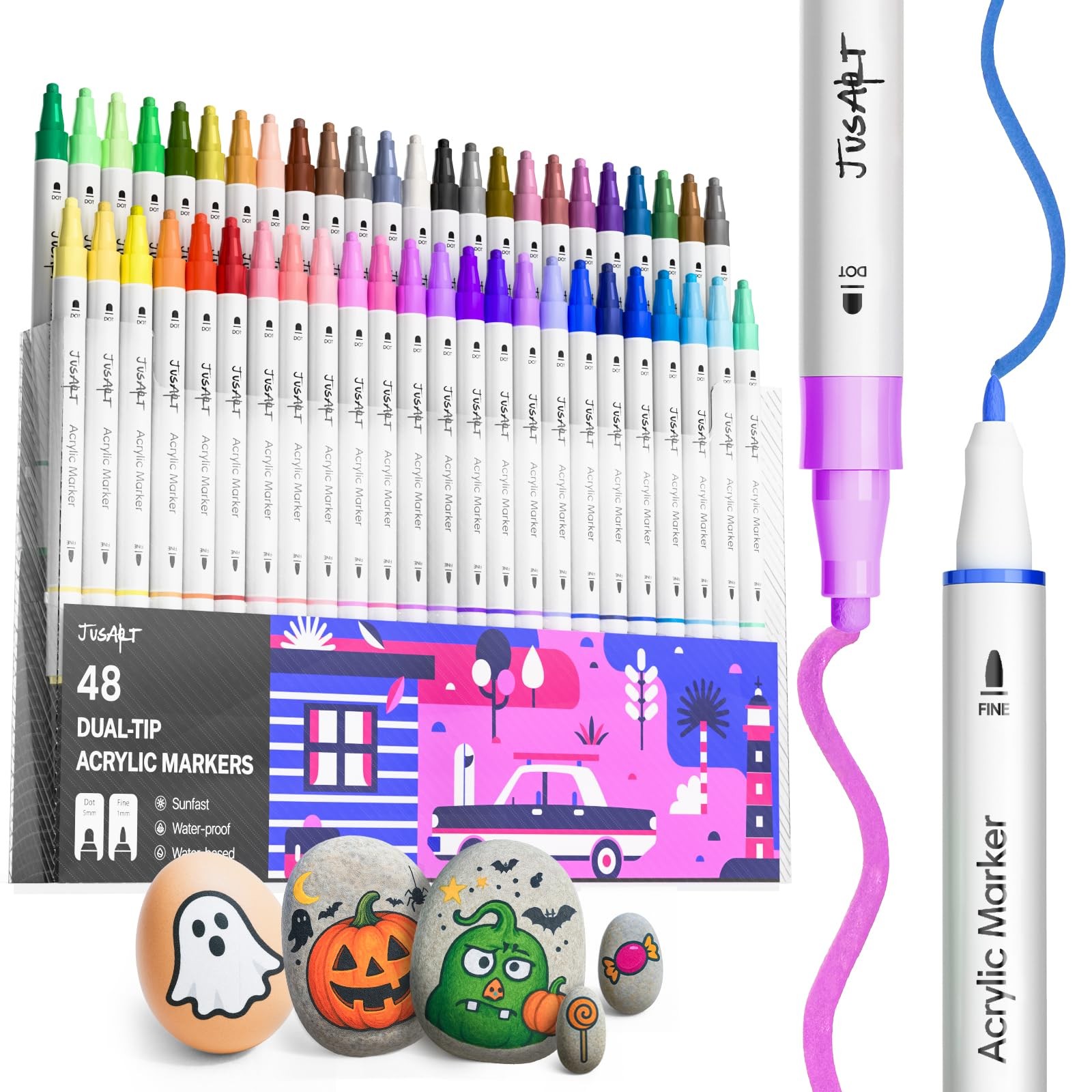 48-Color Dual Tip Acrylic Paint Markers with Fine & Dot Nib for Art Craft