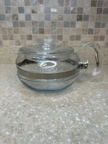 Pyrex Flameware 8336 Flamex Vintage 6 Cup Blue Tint Glass Tea Pot Kettle Tab Lid