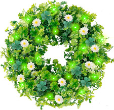 18" St. Patrick's Day Shamrock Wreath with 30 Green Lights for Home Decor