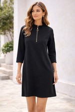 ZARA Black Shift Dress Medium Ruffle Neck Zip Front Minimalist 3/4 Sleeve