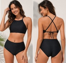 Aerie Women's Black Two Piece Bikini Set High Neck Top M High Waist Bottom S/P