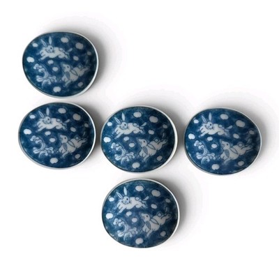 Vintage Set of 5 Blue White Rabbit Porcelain Mini Dishes Trinket Ring Bowls