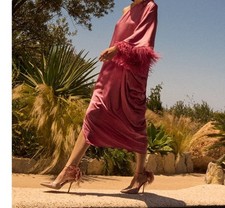 Zara Feathered Satin Long Pink Dress - Sold Out  Brand New With Tags