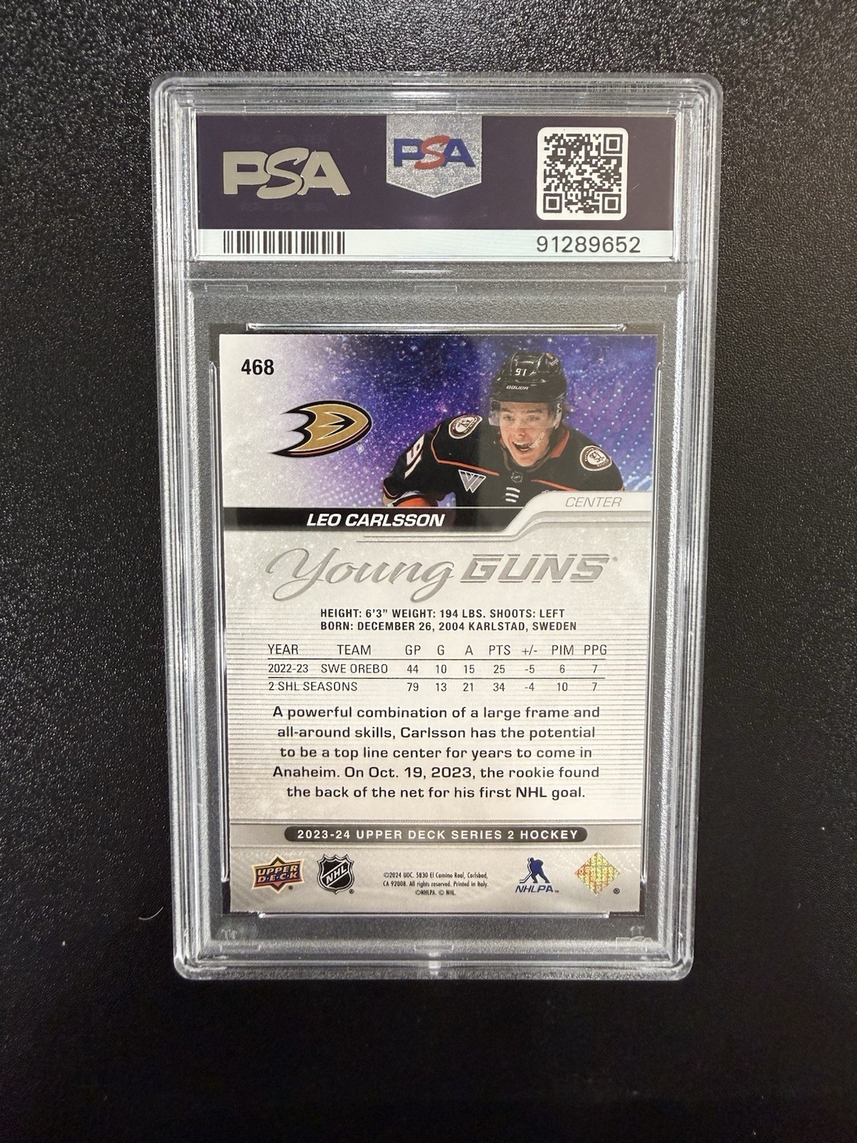 2023 UPPER DECK #468 LEO CARLSSON YOUNG GUNS RC ROOKIE PSA 9 view 2