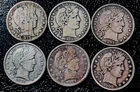 US Barber Half Dollars -  6 Coins   - Fine  Silver - Full Dates 1892-1915