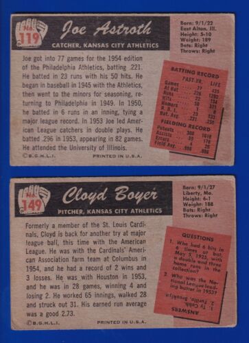 2 ATHLETICS LOT 1955 BOWMAN #119 JOE ASTROTH #149 CLOYD BOYER - Picture 2 of 2
