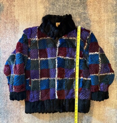 Vintage Pimp Coat 100% Rabbit Fur Jacket Geometric Pattern Size