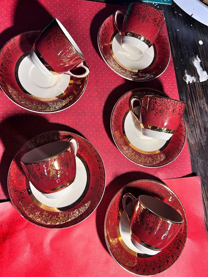 Juego de 5 tazas y platillos Demitasse vintage Salem Co.Aristocrat 28 quilates borgoña/oro Foto 4 de 4