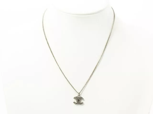 CHANEL Pendant Necklace CC Logo silver rhinestone F12