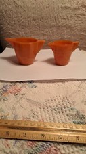 Pair Vintage Akro Agate Children  s Tea Set Pitcher Orange / Pumpkin Glass lg sm