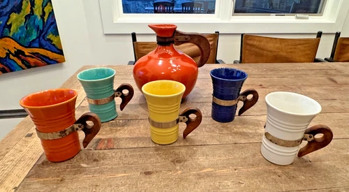 Vintage Bauer Pottery Plain Ware Orange Coffee Carafe with 5 Pacific 411 Mugs