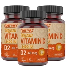 DEVA Vegan Vitamin D2 60 mcg 2400 IU Ergocalciferol Supplement with No Animal...