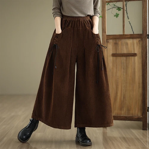 Pantaloni lunghi donna vita alta linea A tasche stringati velluto a coste gambe larghe - Foto 6 di 19