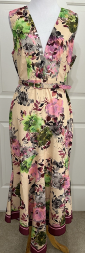 NWT Belle Badgley Mischka sz 8 tan pink Floral sleeveless long Aline Dress $249