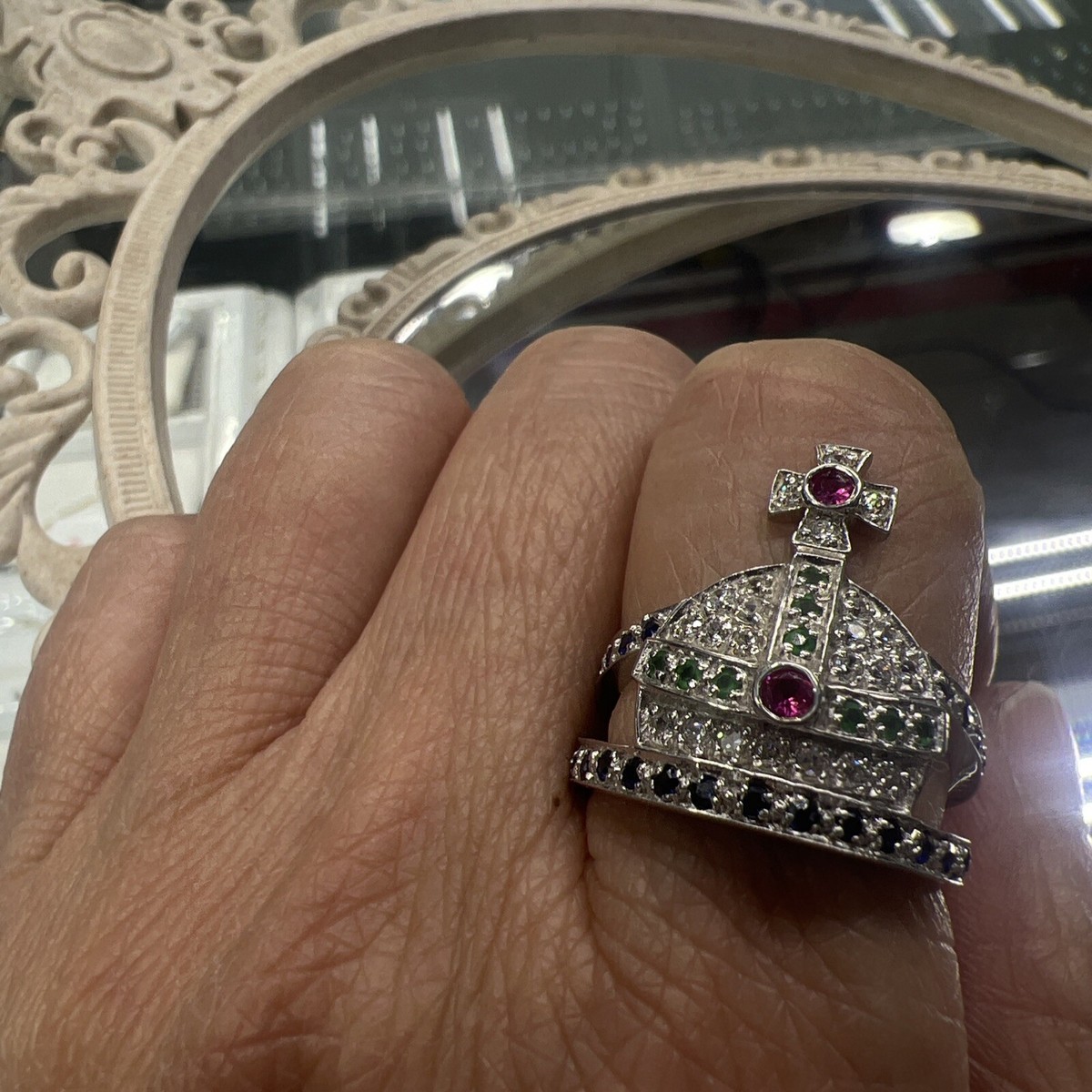 Vivienne Silver Mini Orb Ring White CZ Bling Red CZ On The