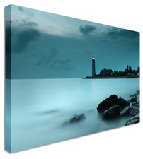 Duck Egg Blue Lighthouse Mist Seascape  Canvas Wall Art Picture Print
