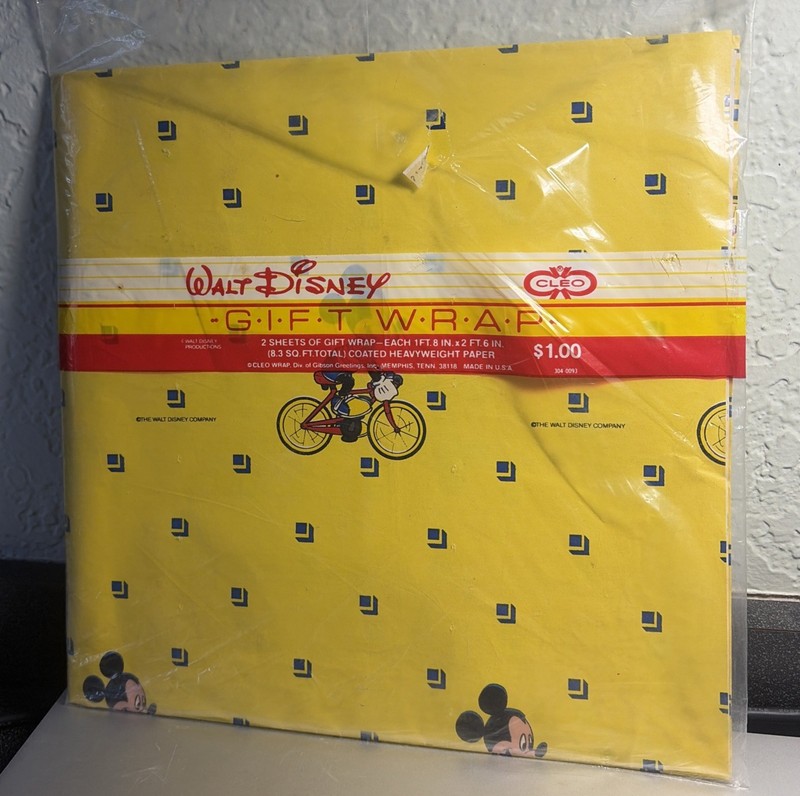 NIP Vintage Disney Mickey Mouse on Bicycle Gift Wrap Wrapping Paper  2 Sheets