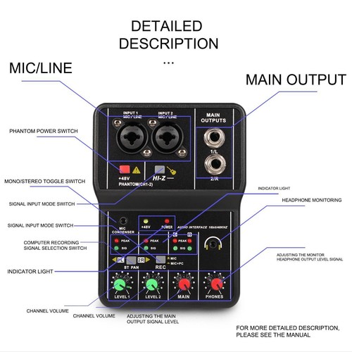 Interface Audio USB 16Bit/49 KHz Audio Mixer Console Interface pour Enregistrement - Photo 2/5