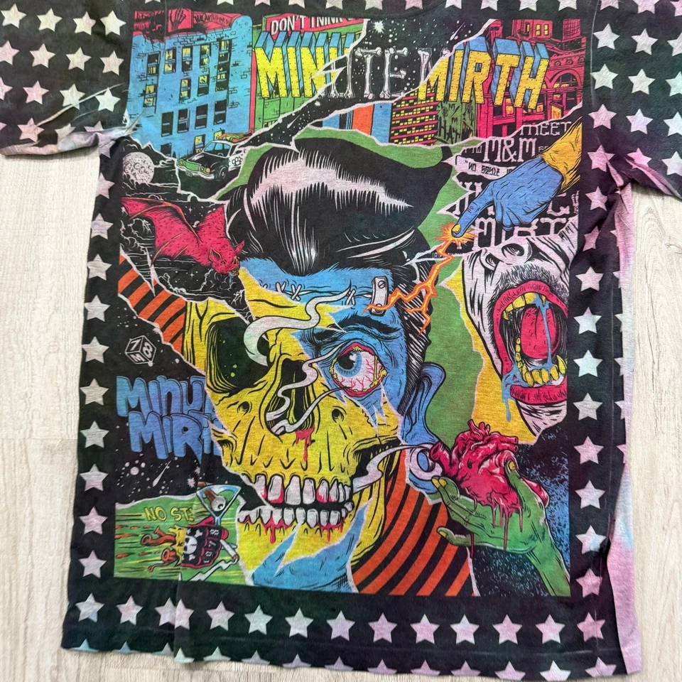 Minute Mirth Shirt Men's Large Skull All Over Print Ed Hardy Grunge y2k Cyber  - Image 2 of 4
