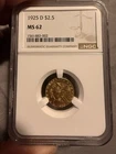 1925 D $2.5 Gold Indian Head Quarter Eagle Coin NGC MS62 (Pre-33 Gold)