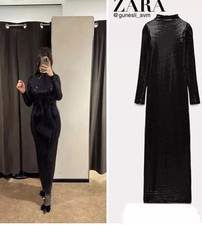 ZARA WOMAN NWT FW4 SPARKLY MIDI DRESS LONG BLACK 4772/252 SIZE M