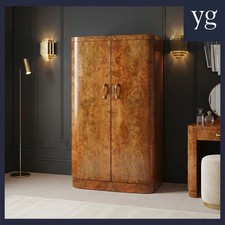 Antique English Art Deco Burr Walnut Fitted Wardrobe Armoire Closet c.1930