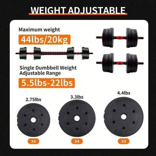 44LBS Adjustable Dumbbell Set, Convertible Barbell for Home Gym Training