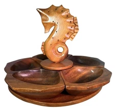 Wooden Five Section Lazy Susan Seahorse Charcuterie Tray Vintage Danish Modern