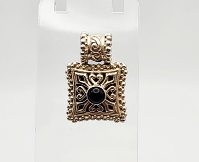 ATI Vintage Sterling Silver Garnet Filigree Scrollwork Square Pendant 1'' X .7''