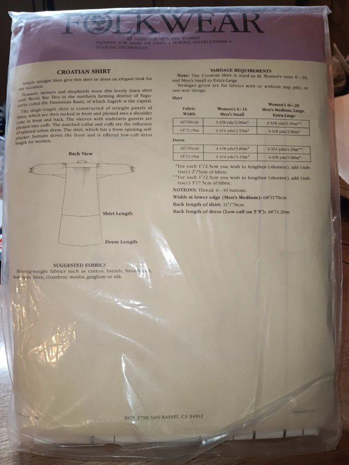 Folkwear Pattern 117 Croatian Shirt Vintage Uncut, both sides shown - Image 2 of 2