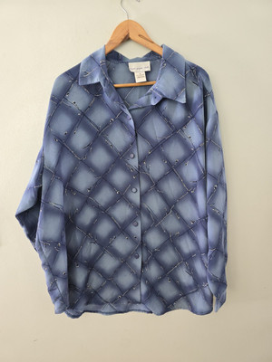 SUSAN GRAVER Style Woman's Size 2X Long Sleeve Button Up Shirt Blue Floral