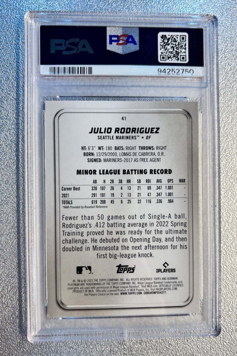 Topps 2022 Bowman Platinum Julio Rodriguez Ice Foilboard #41 PSA 9 RC Mariners view 2