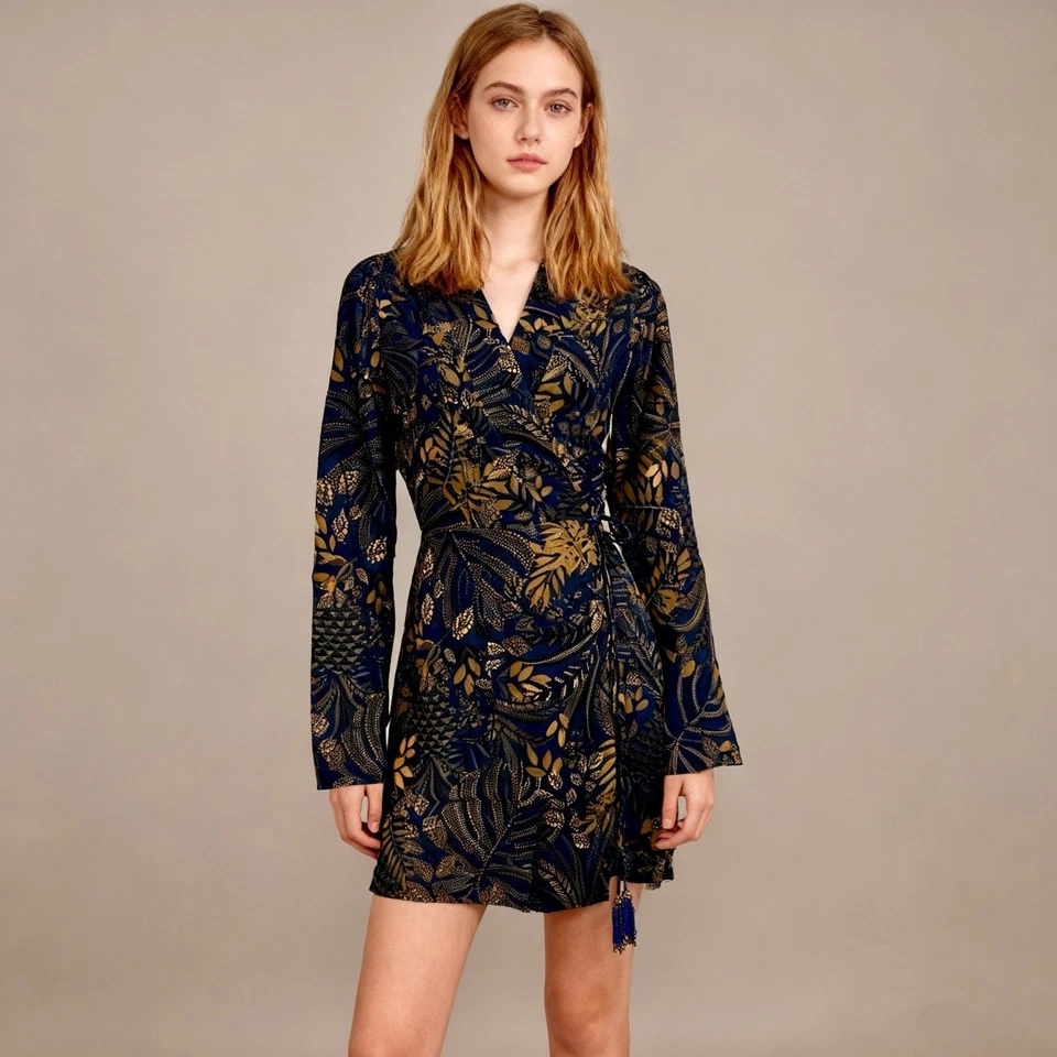 FARM Rio Dotted Forest Teal Mini Wrap Dress Blue Yellow Floral Long Sleeve Sz M - Image 2 of 4