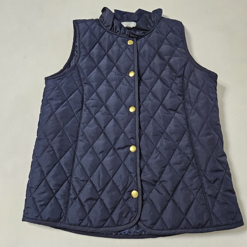 Kids Girls Quilted Puffer Vest Ruffle Collar Navy With Gold Snaps Size L