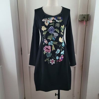 Save The Queen Black Balloon Hem Long Sleeve Dress Floral Embroidery Size Small