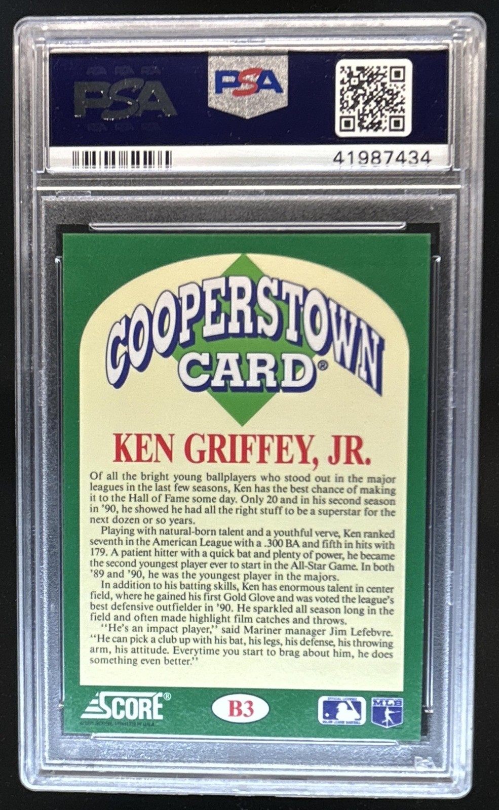 1991 Score Ken Griffey Jr. Cooperstown #B3 Mariners PSA 10 GEM MINT view 2