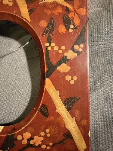 Marco de madera antiguo chino de laca policromada decorado - Imagen 3 de 15